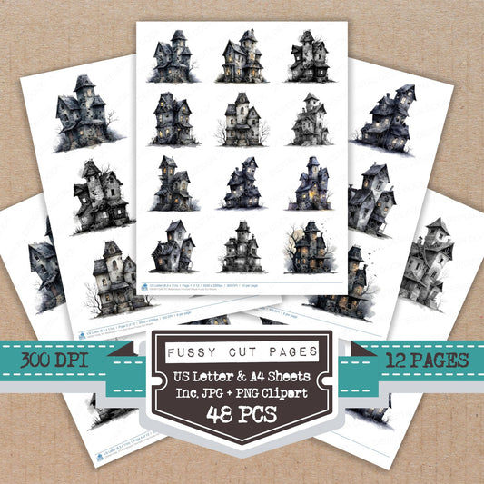 Watercolour Haunted House fussy cut printable sheets for junk journaling, scrapbooking, and paper craft projects