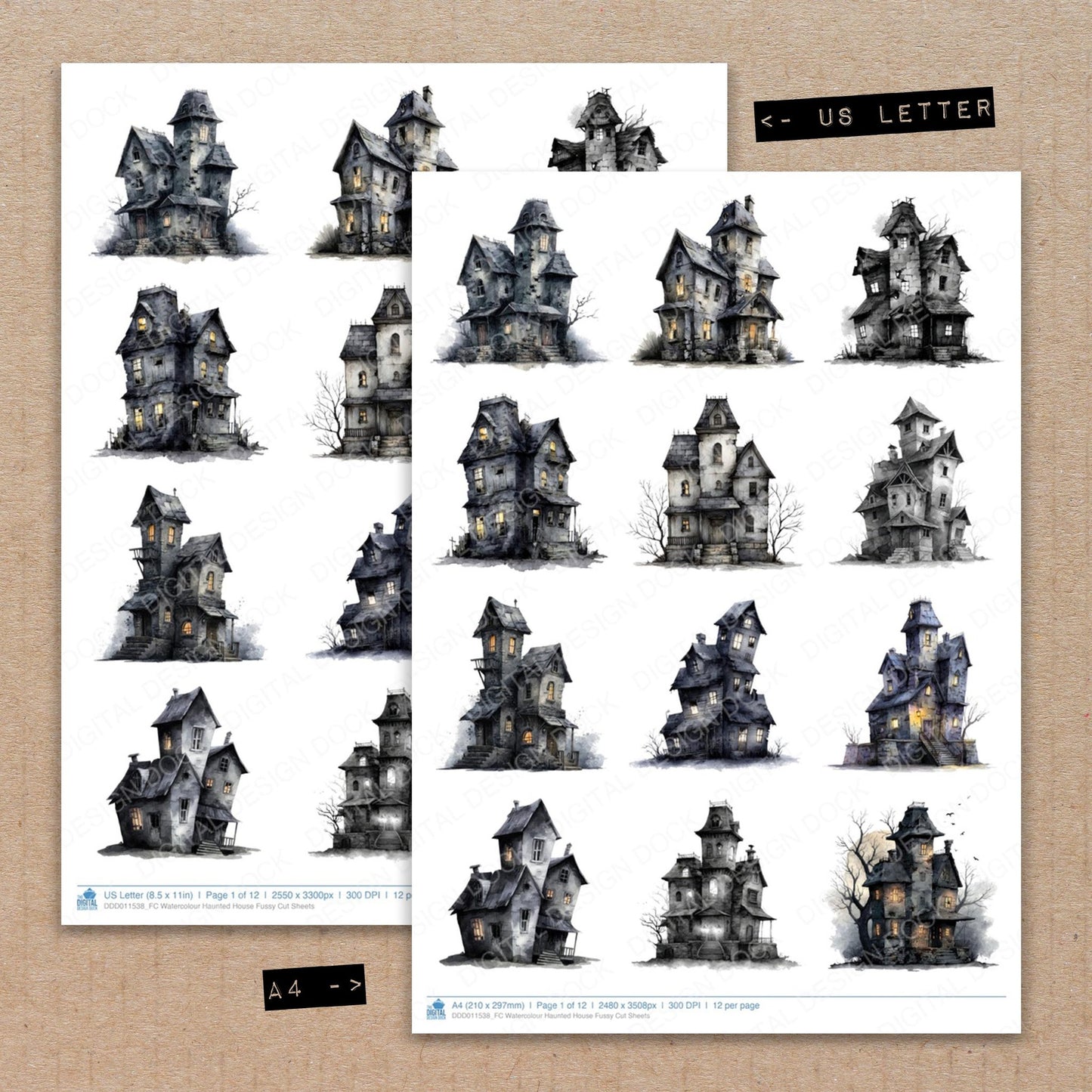 A4 and US Letter format comparison showing Watercolour Haunted House fussy cut pages for print and cut crafting