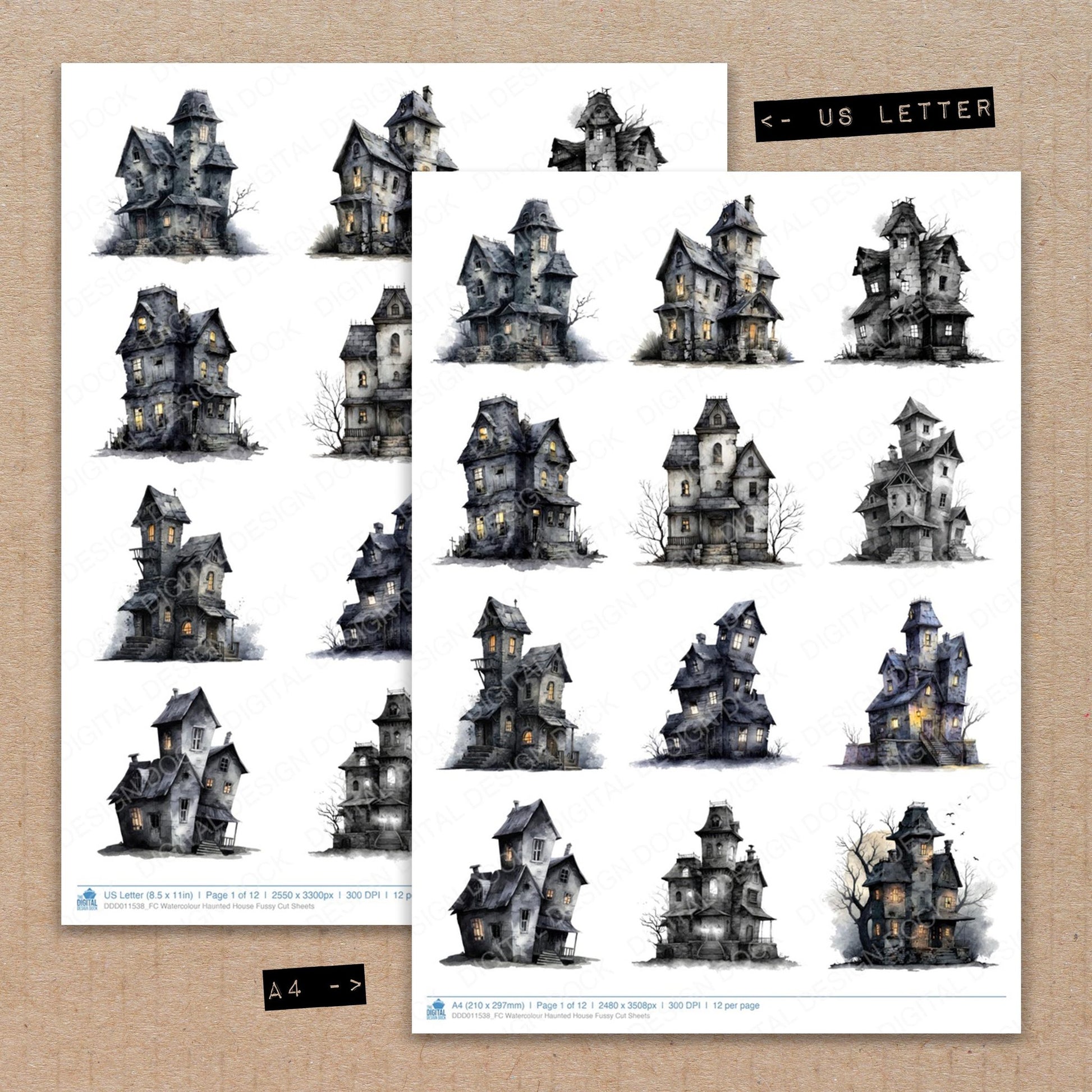 A4 and US Letter format comparison showing Watercolour Haunted House fussy cut pages for print and cut crafting