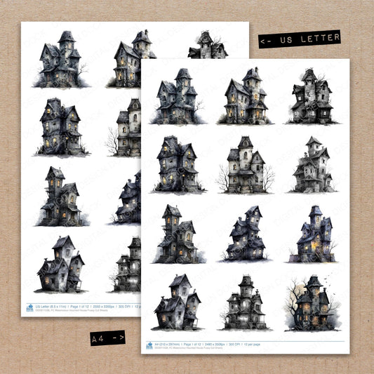 A4 and US Letter format comparison showing Watercolour Haunted House fussy cut pages for print and cut crafting