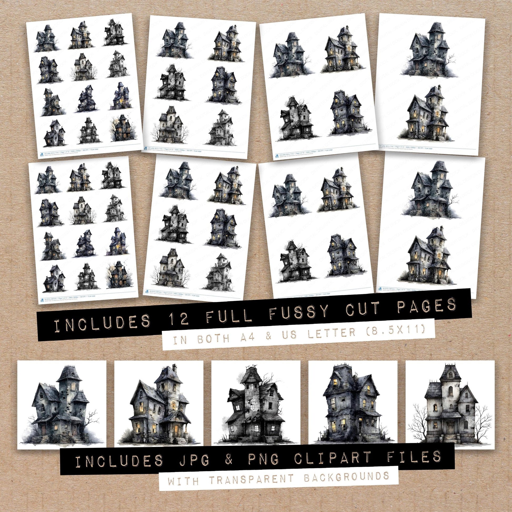 Full collection view of Watercolour Haunted House fussy cut sheets with bonus clipart JPG and PNG files