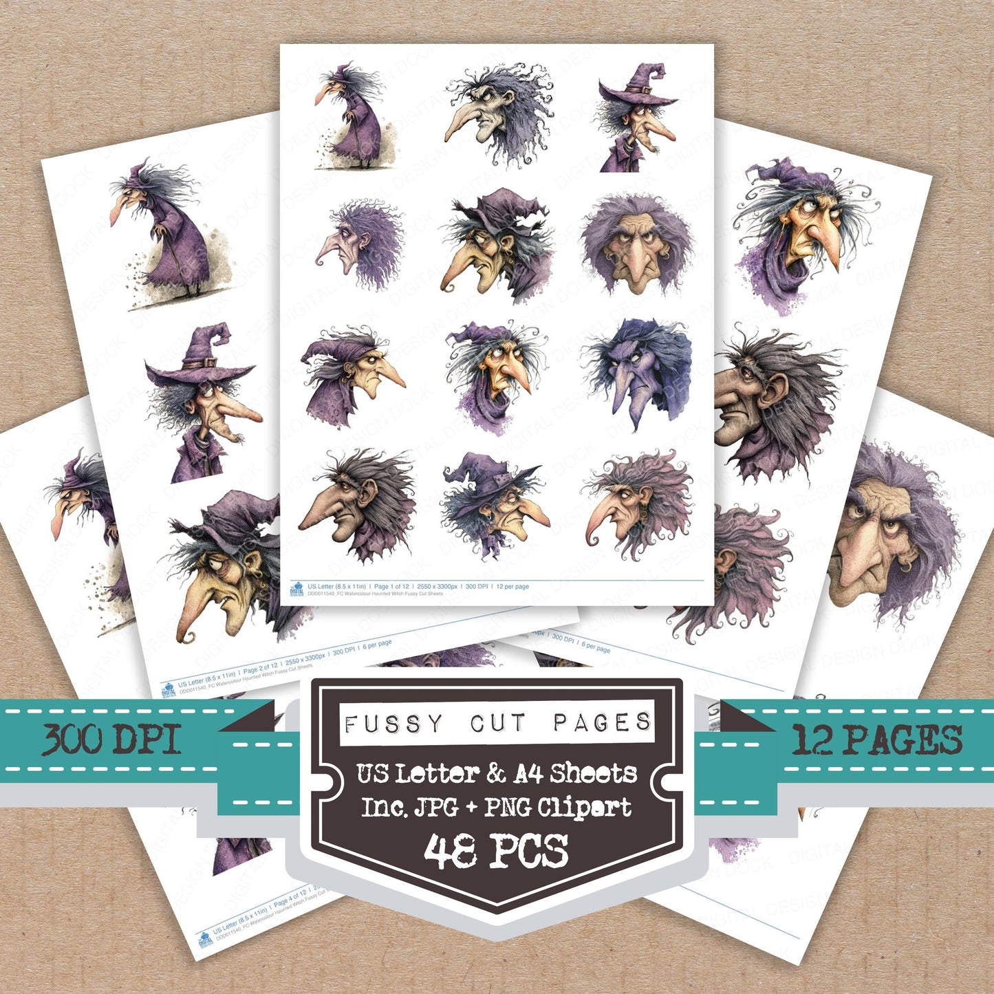 Watercolour Haunted Witch fussy cut printable sheets for junk journaling, scrapbooking, and paper craft projects
