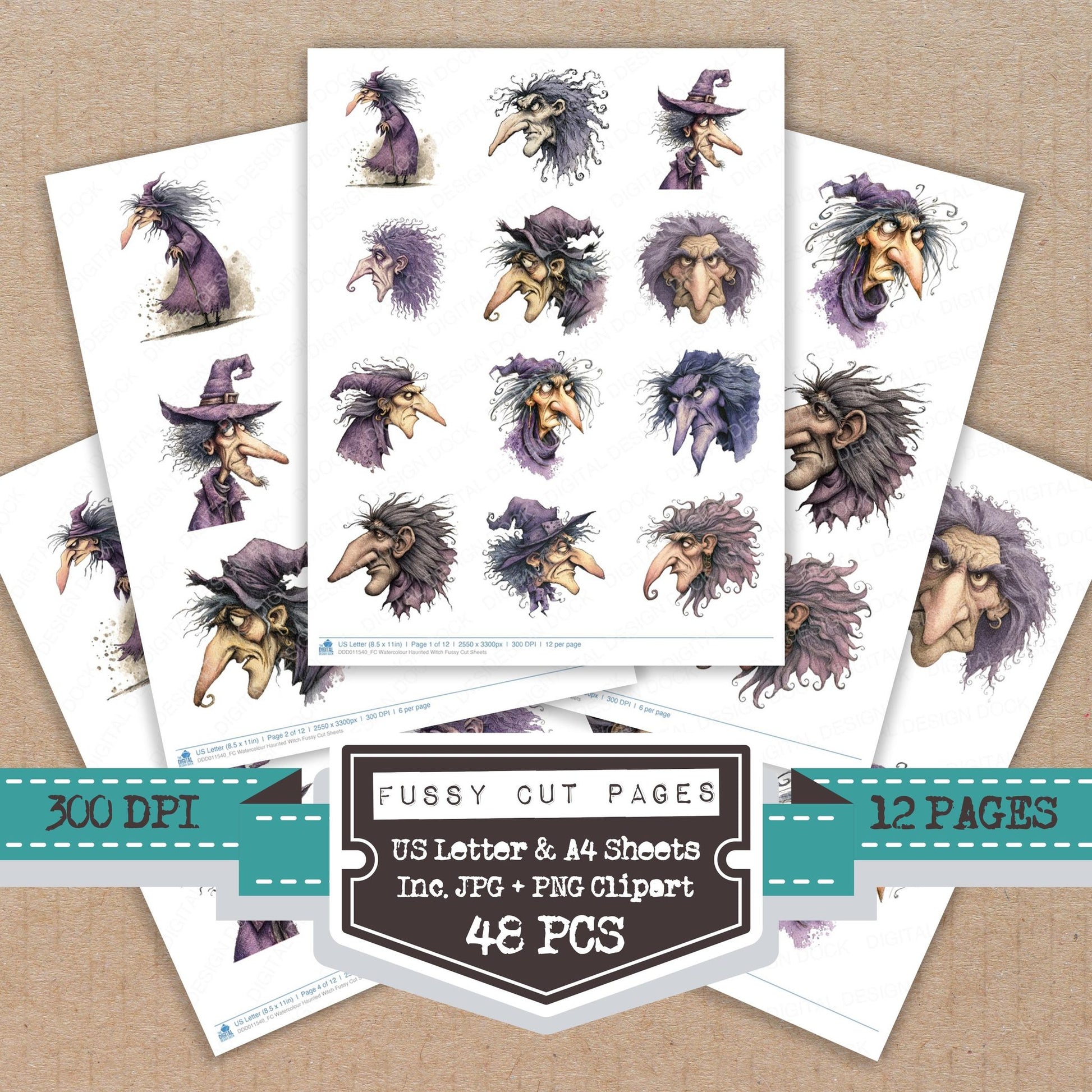 Watercolour Haunted Witch fussy cut printable sheets for junk journaling, scrapbooking, and paper craft projects