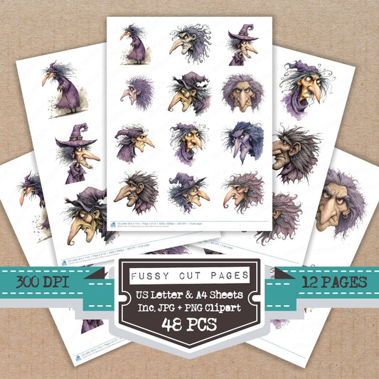 Watercolour Haunted Witch fussy cut printable sheets for junk journaling, scrapbooking, and paper craft projects