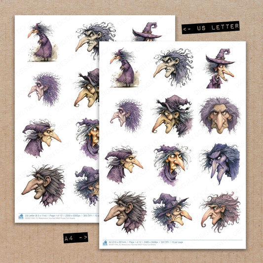 A4 and US Letter format comparison showing Watercolour Haunted Witch fussy cut pages for print and cut crafting