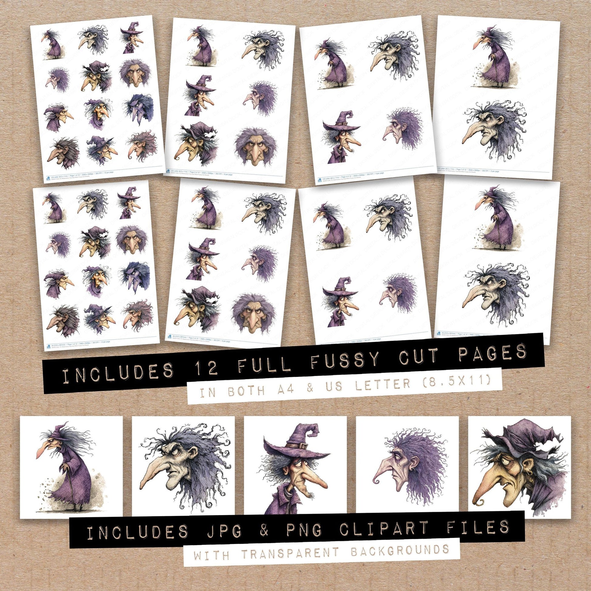 Full collection view of Watercolour Haunted Witch fussy cut sheets with bonus clipart JPG and PNG files