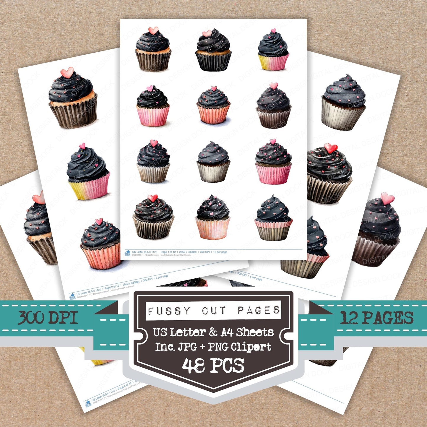 Watercolour Heart Cupcake fussy cut printable sheets for junk journaling, scrapbooking, and paper craft projects