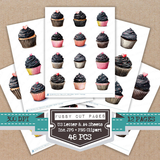 Watercolour Heart Cupcake fussy cut printable sheets for junk journaling, scrapbooking, and paper craft projects
