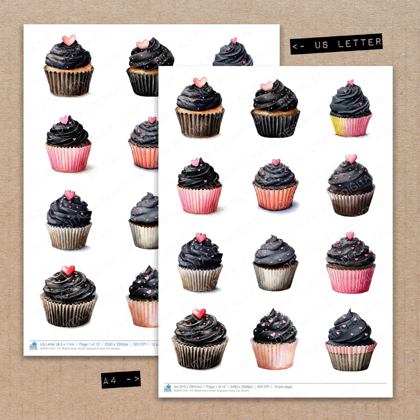 A4 and US Letter format comparison showing Watercolour Heart Cupcake fussy cut pages for print and cut crafting