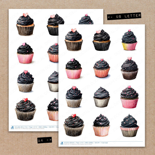 A4 and US Letter format comparison showing Watercolour Heart Cupcake fussy cut pages for print and cut crafting