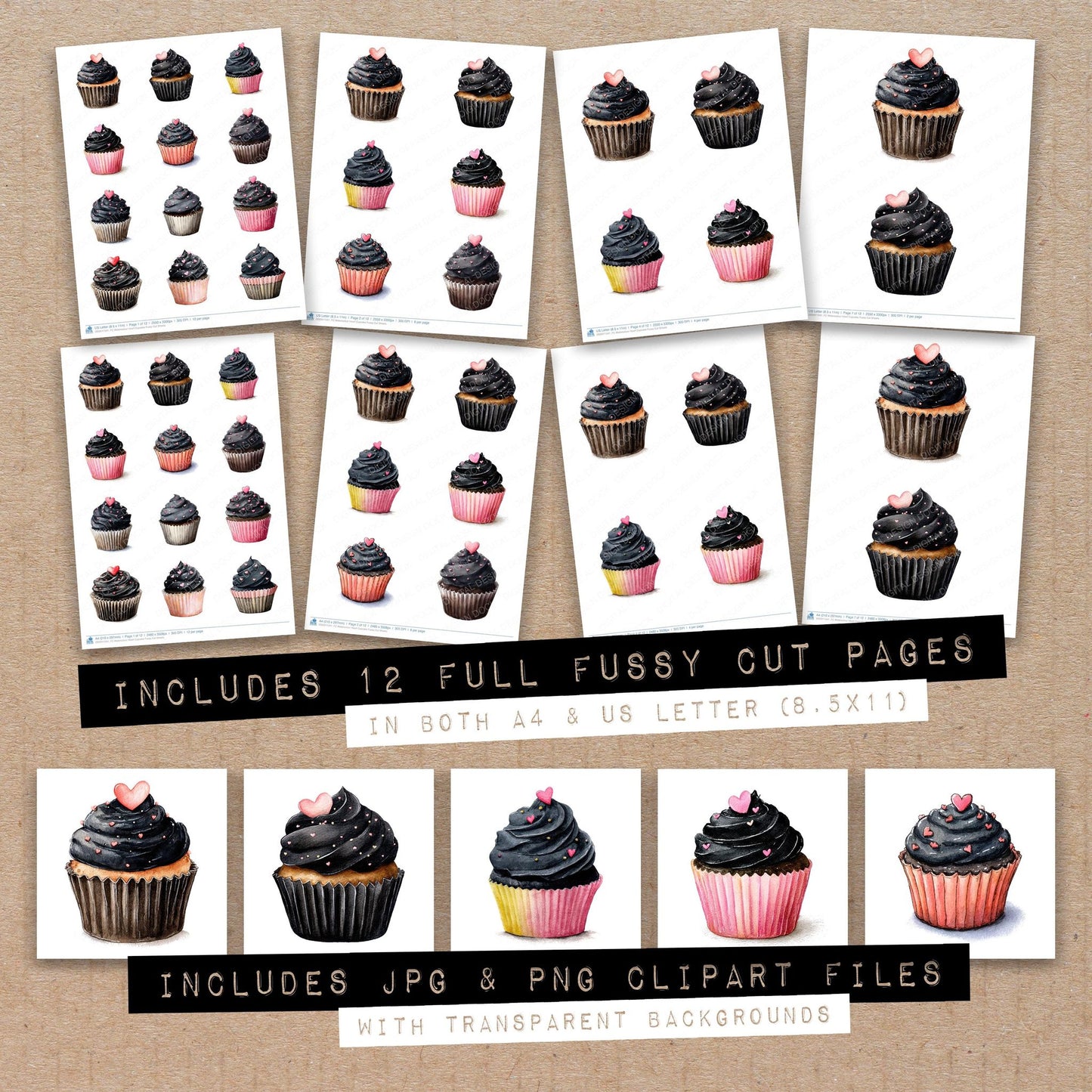 Full collection view of Watercolour Heart Cupcake fussy cut sheets with bonus clipart JPG and PNG files