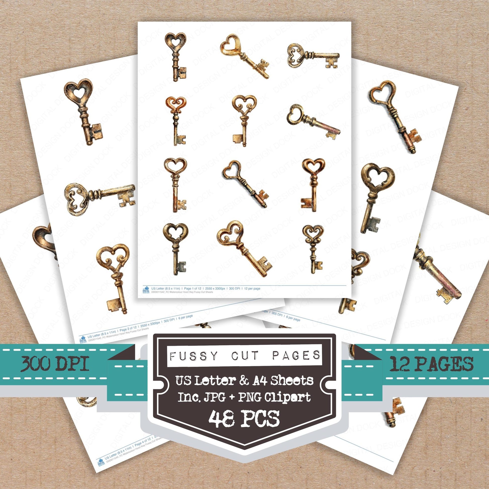 Watercolour Heart Key fussy cut printable sheets for junk journaling, scrapbooking, and paper craft projects