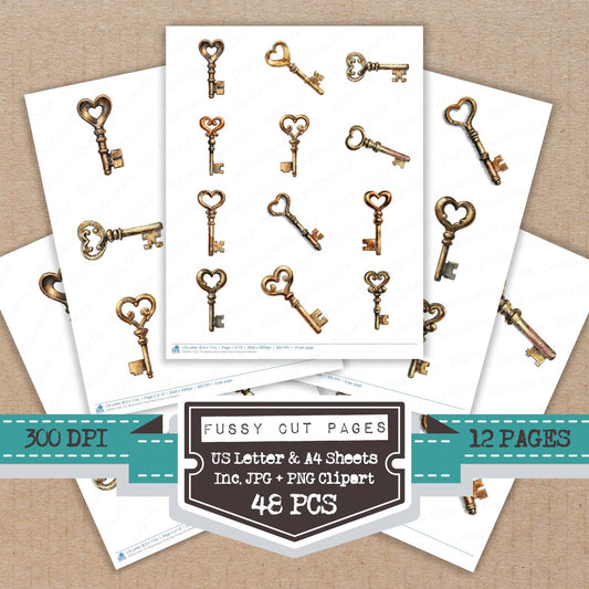 Watercolour Heart Key fussy cut printable sheets for junk journaling, scrapbooking, and paper craft projects