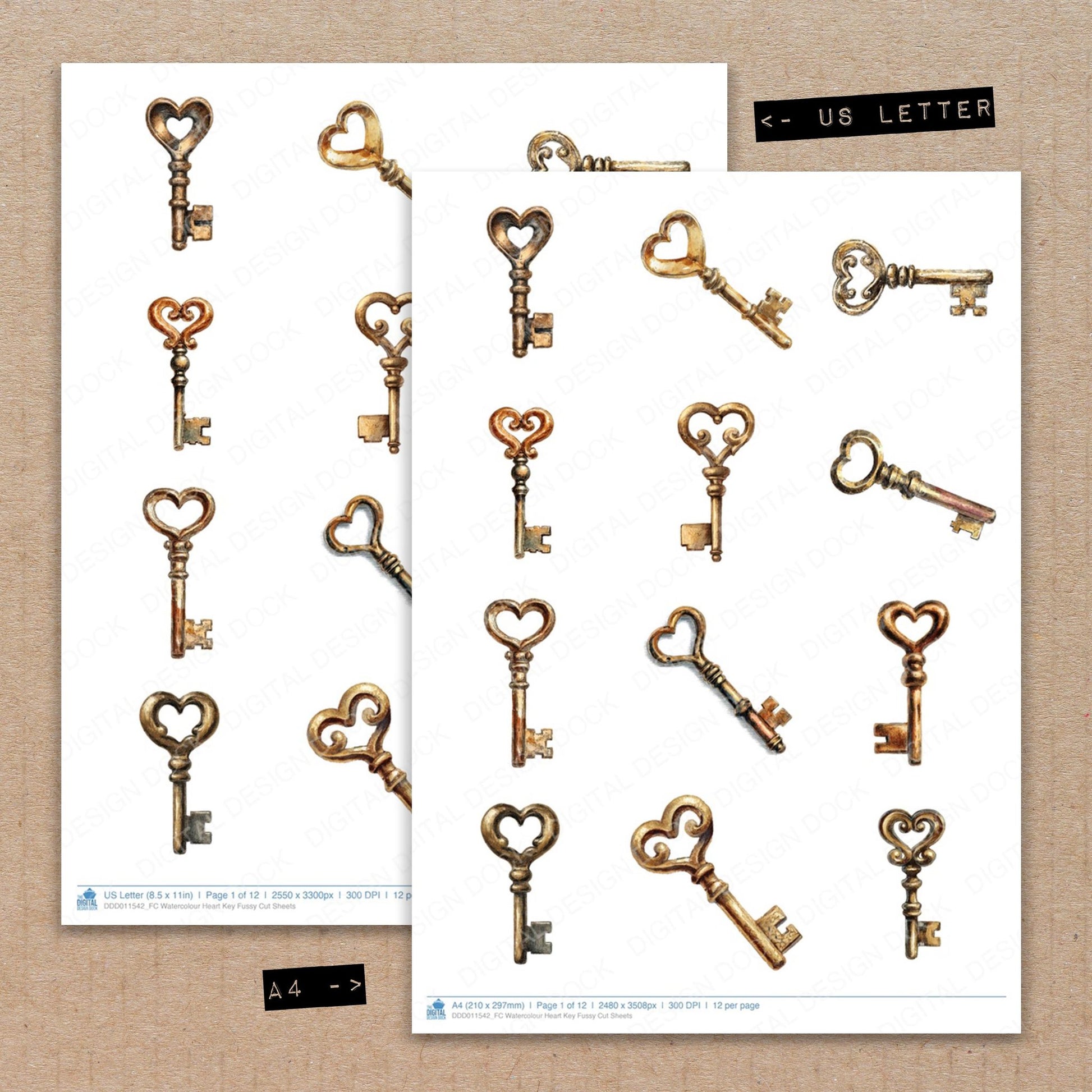 A4 and US Letter format comparison showing Watercolour Heart Key fussy cut pages for print and cut crafting