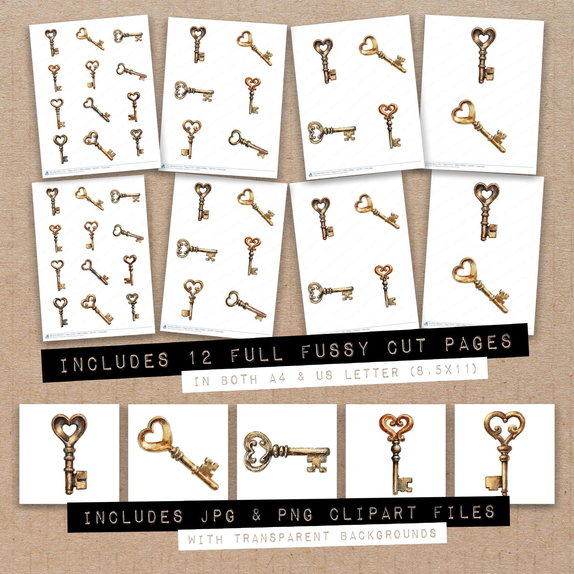 Full collection view of Watercolour Heart Key fussy cut sheets with bonus clipart JPG and PNG files