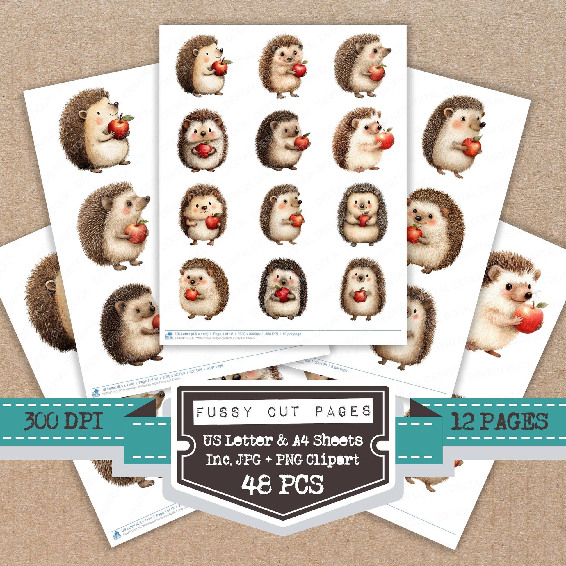 Watercolour Hedgehog Apple fussy cut printable sheets for junk journaling, scrapbooking, and paper craft projects