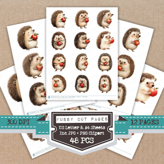 Watercolour Hedgehog Apple fussy cut printable sheets for junk journaling, scrapbooking, and paper craft projects