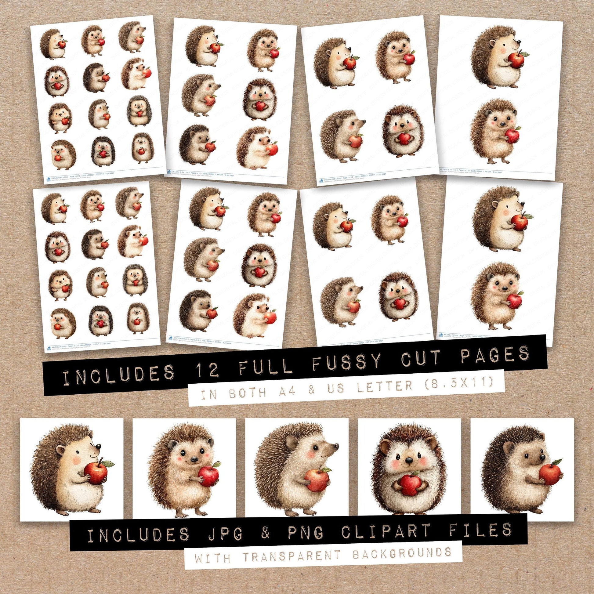 Full collection view of Watercolour Hedgehog Apple fussy cut sheets with bonus clipart JPG and PNG files