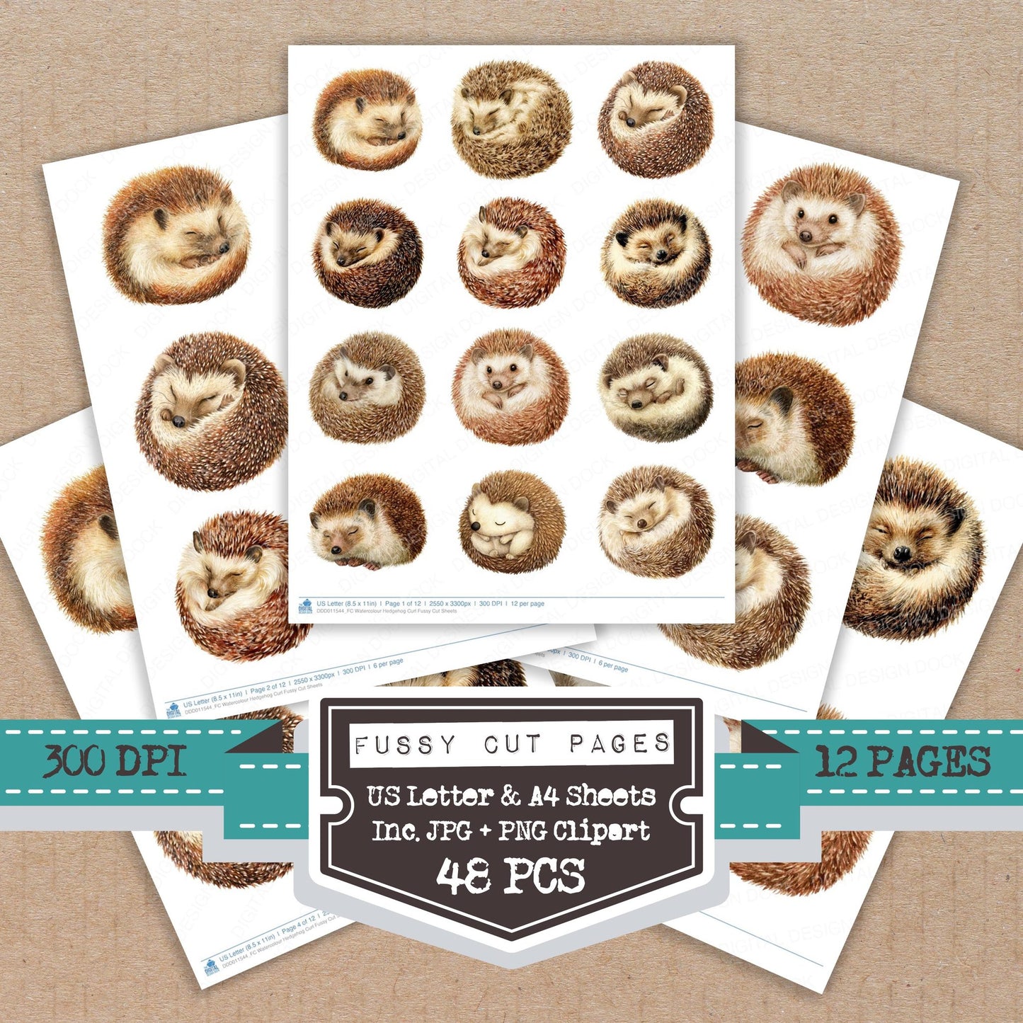 Watercolour Hedgehog Curl fussy cut printable sheets for junk journaling, scrapbooking, and paper craft projects