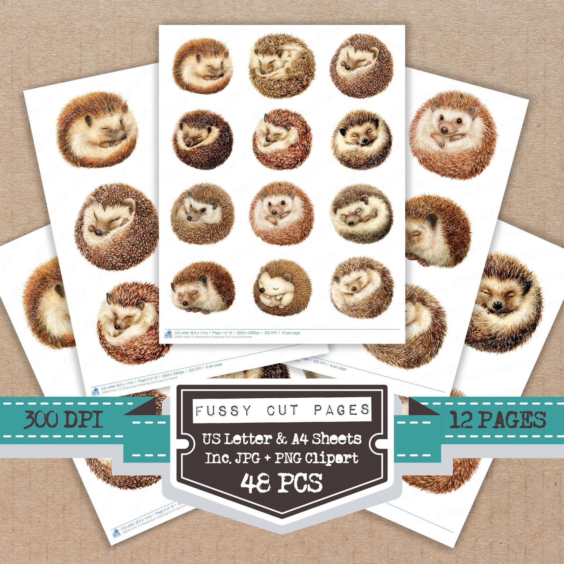 Watercolour Hedgehog Curl fussy cut printable sheets for junk journaling, scrapbooking, and paper craft projects