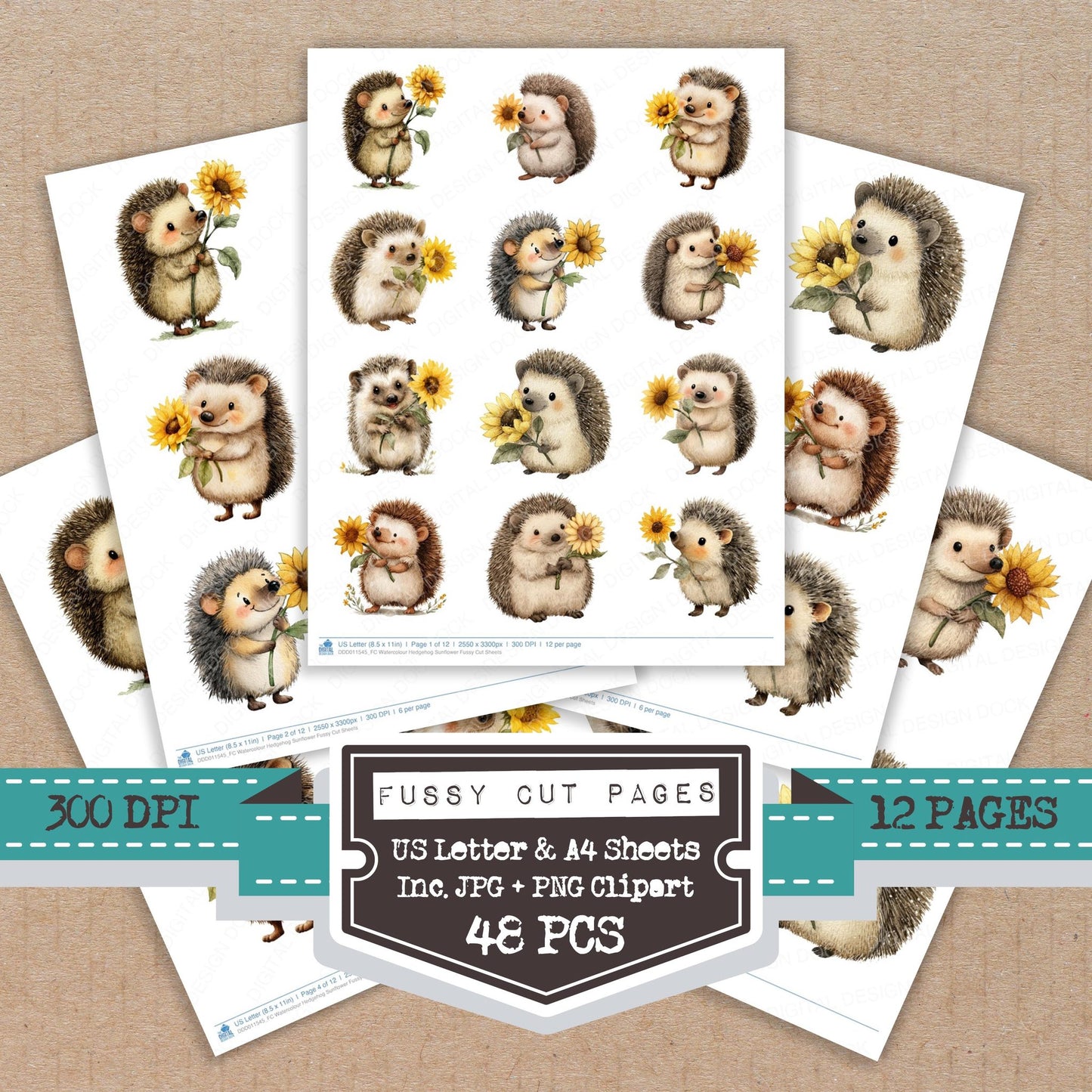 Watercolour Hedgehog Sunflower fussy cut printable sheets for junk journaling, scrapbooking, and paper craft projects
