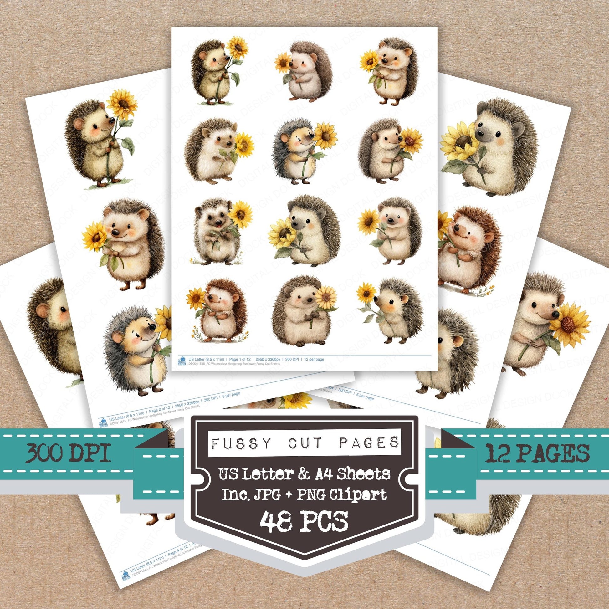 Watercolour Hedgehog Sunflower fussy cut printable sheets for junk journaling, scrapbooking, and paper craft projects