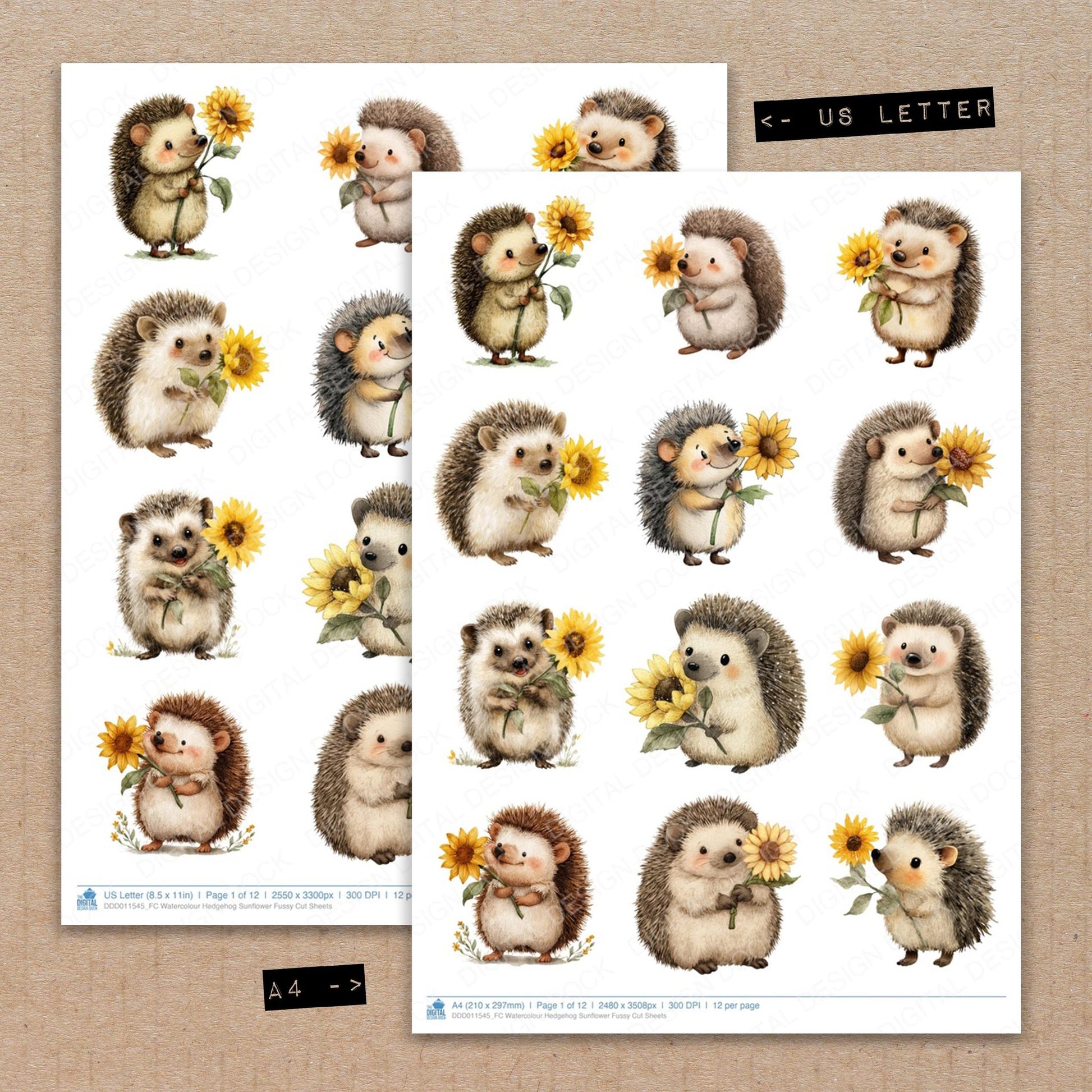 A4 and US Letter format comparison showing Watercolour Hedgehog Sunflower fussy cut pages for print and cut crafting