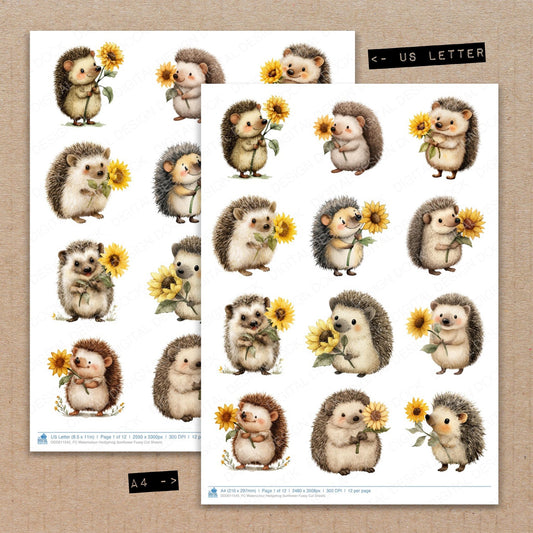 A4 and US Letter format comparison showing Watercolour Hedgehog Sunflower fussy cut pages for print and cut crafting