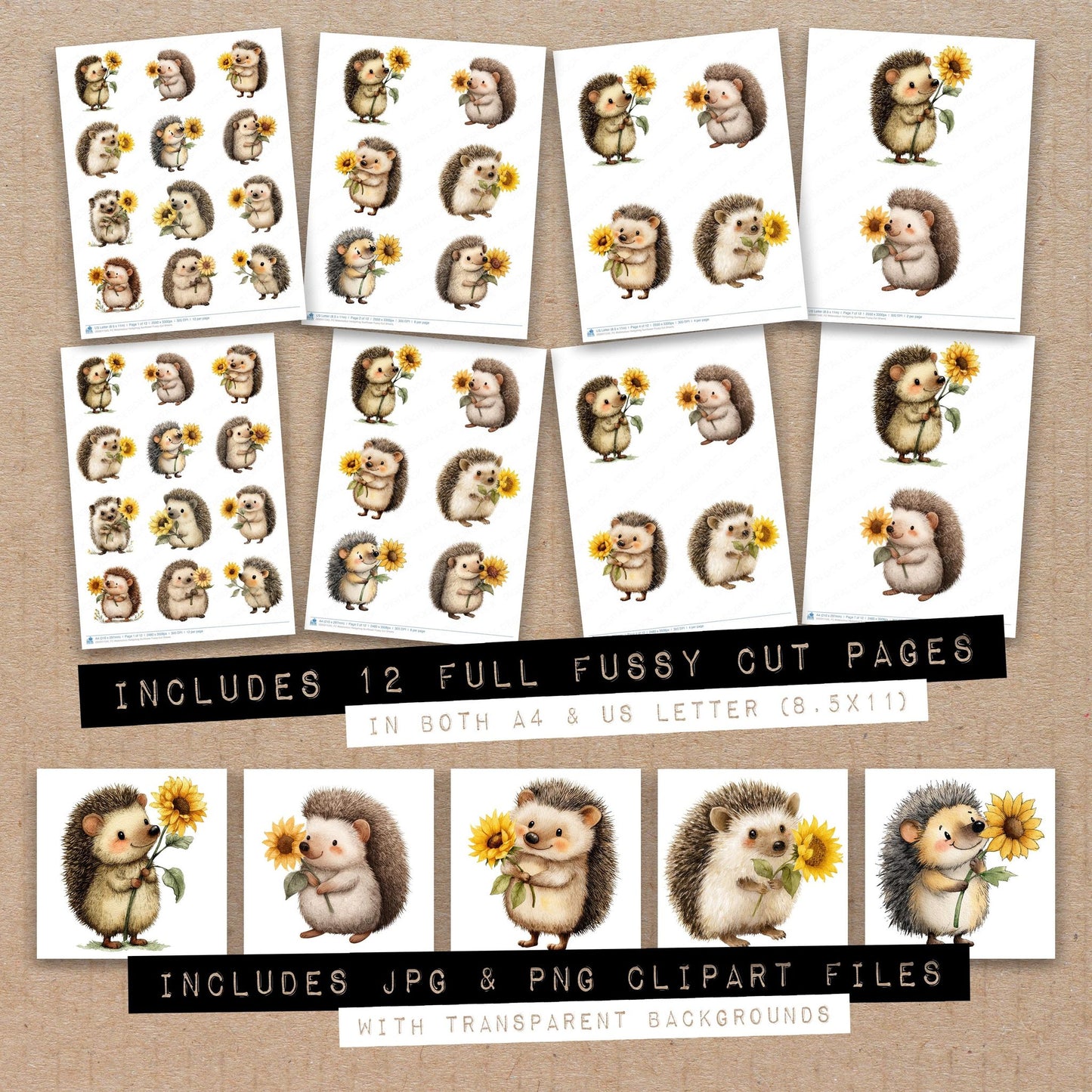 Full collection view of Watercolour Hedgehog Sunflower fussy cut sheets with bonus clipart JPG and PNG files