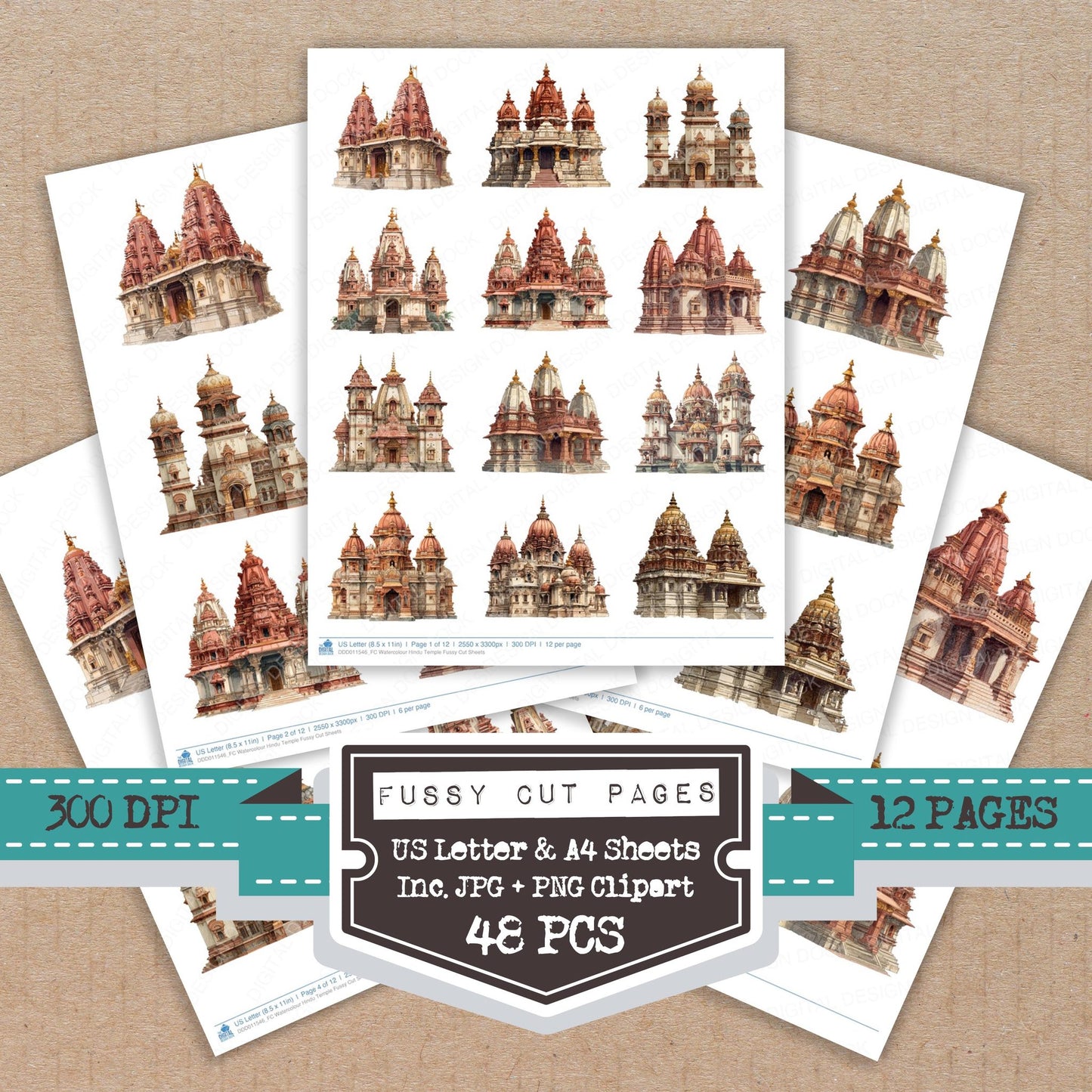 Watercolour Hindu Temple fussy cut printable sheets for junk journaling, scrapbooking, and paper craft projects