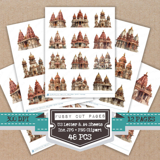 Watercolour Hindu Temple fussy cut printable sheets for junk journaling, scrapbooking, and paper craft projects