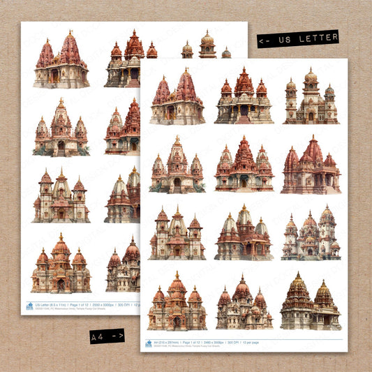A4 and US Letter format comparison showing Watercolour Hindu Temple fussy cut pages for print and cut crafting