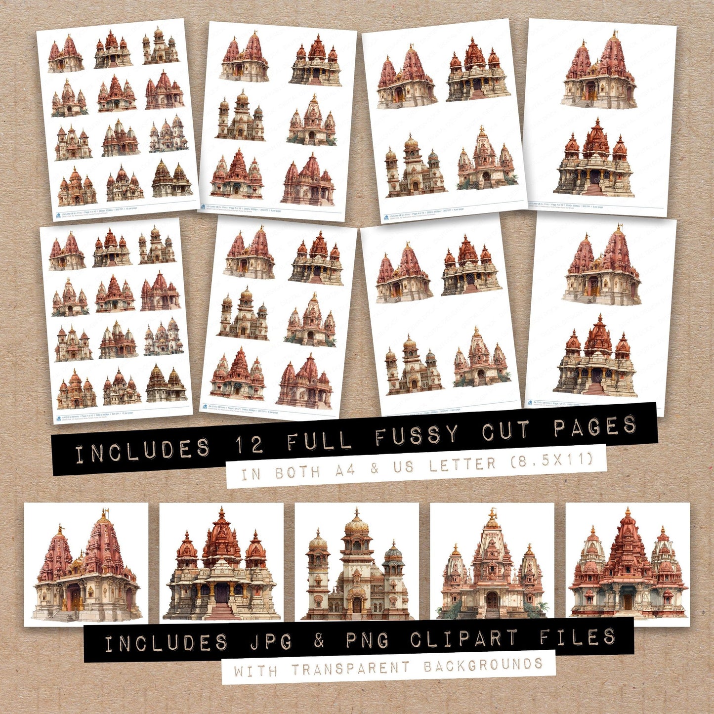 Full collection view of Watercolour Hindu Temple fussy cut sheets with bonus clipart JPG and PNG files
