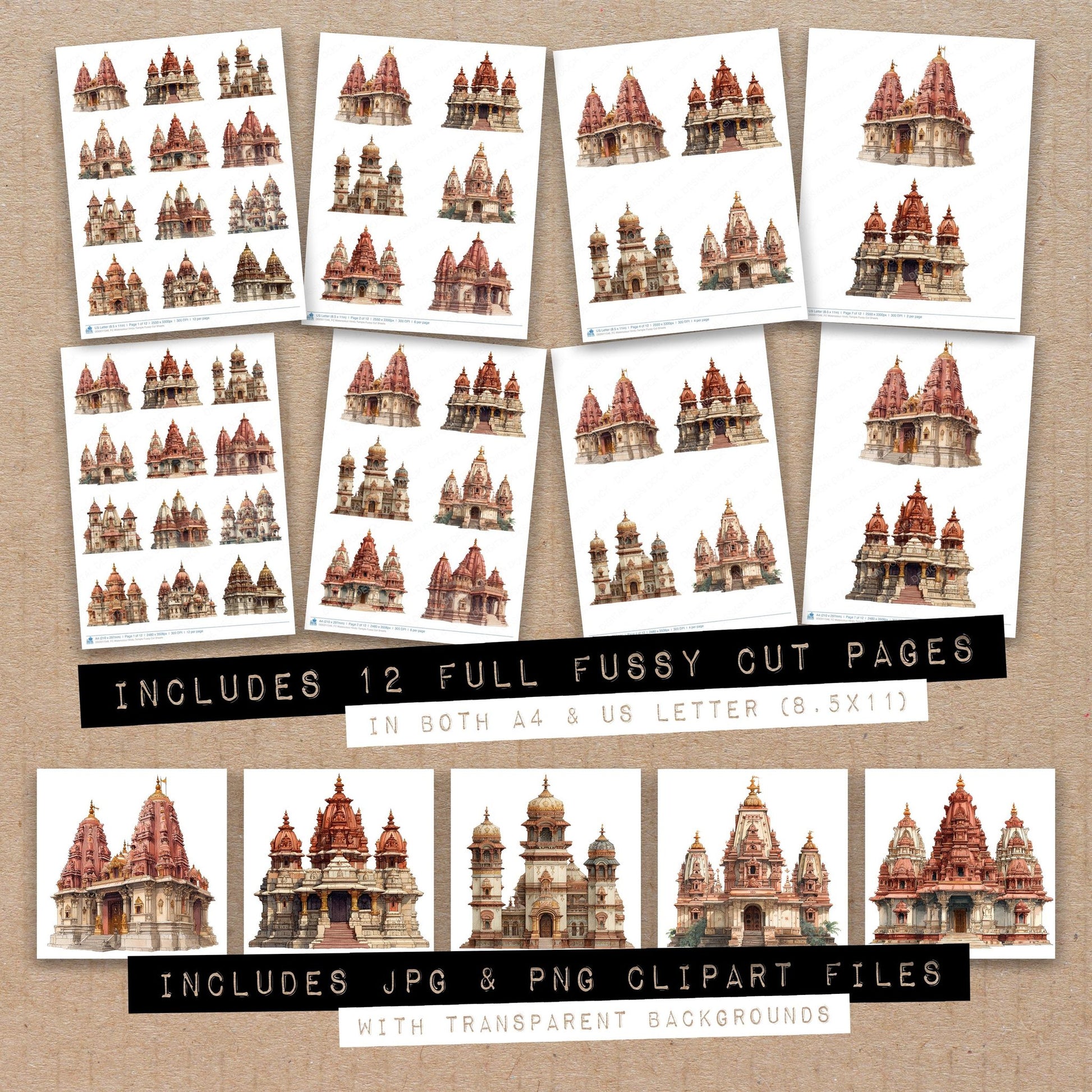 Full collection view of Watercolour Hindu Temple fussy cut sheets with bonus clipart JPG and PNG files
