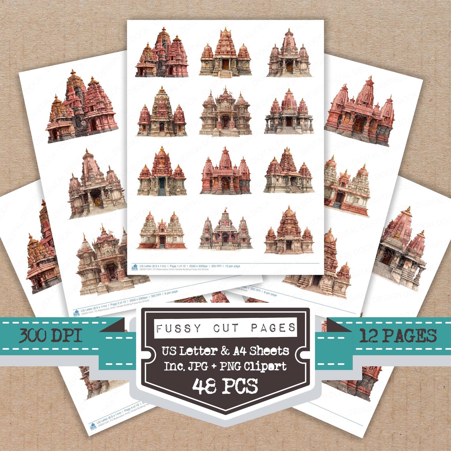 Watercolour Hindu Temple Building fussy cut printable sheets for junk journaling, scrapbooking, and paper craft projects