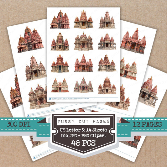 Watercolour Hindu Temple Building fussy cut printable sheets for junk journaling, scrapbooking, and paper craft projects