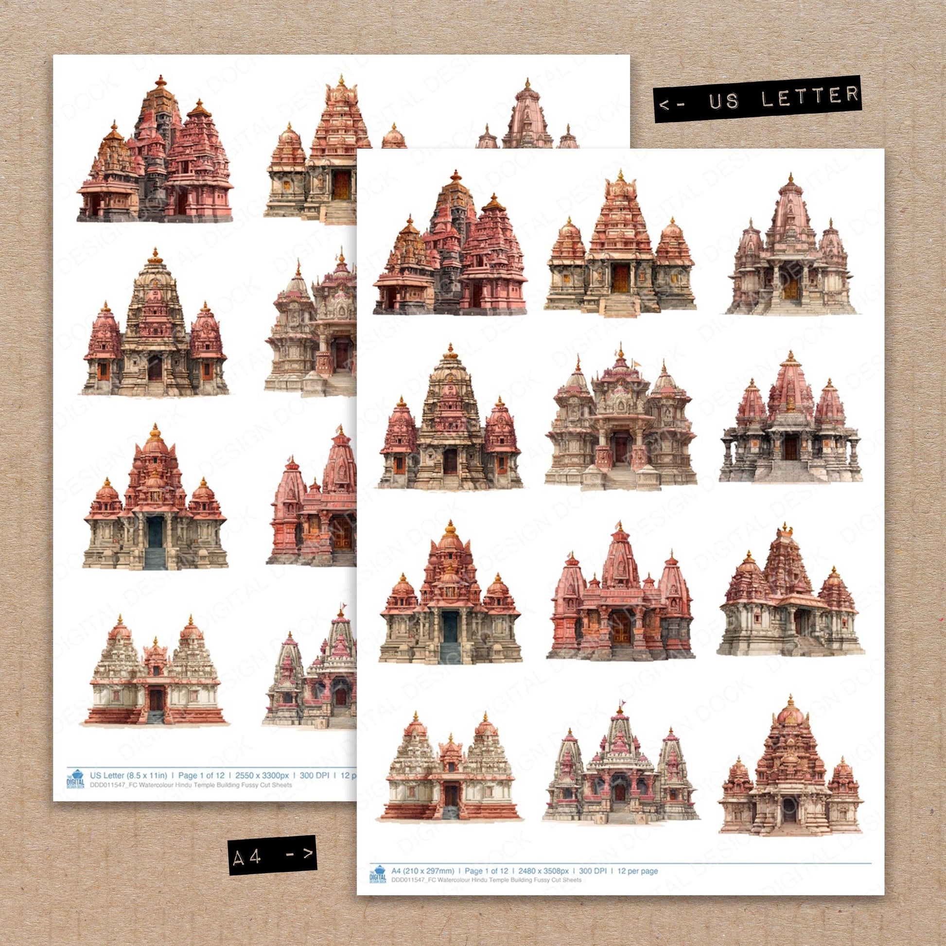 A4 and US Letter format comparison showing Watercolour Hindu Temple Building fussy cut pages for print and cut crafting
