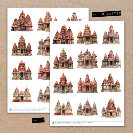 A4 and US Letter format comparison showing Watercolour Hindu Temple Building fussy cut pages for print and cut crafting