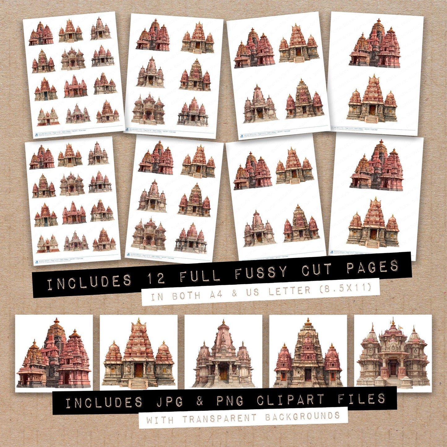 Full collection view of Watercolour Hindu Temple Building fussy cut sheets with bonus clipart JPG and PNG files