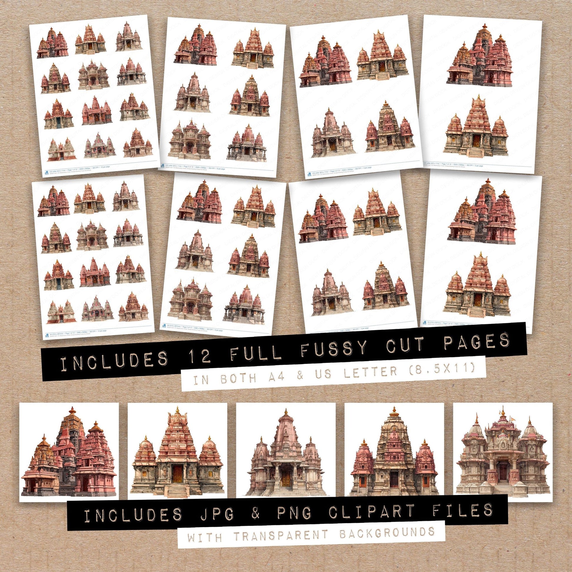 Full collection view of Watercolour Hindu Temple Building fussy cut sheets with bonus clipart JPG and PNG files