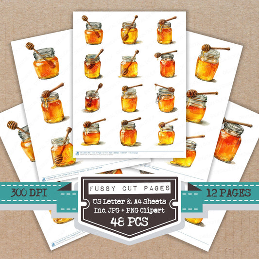 Watercolour Honey Jar fussy cut printable sheets for junk journaling, scrapbooking, and paper craft projects