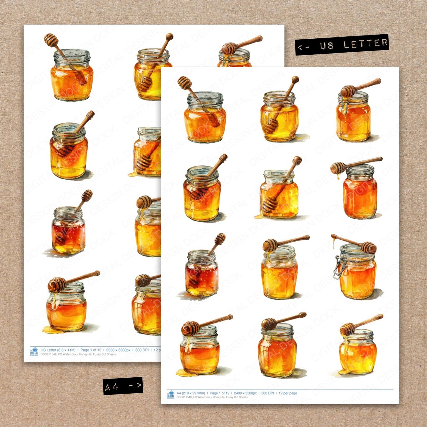 A4 and US Letter format comparison showing Watercolour Honey Jar fussy cut pages for print and cut crafting