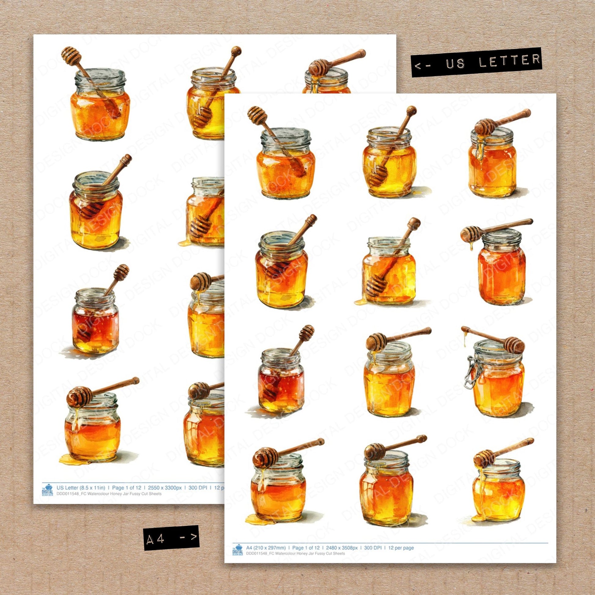 A4 and US Letter format comparison showing Watercolour Honey Jar fussy cut pages for print and cut crafting