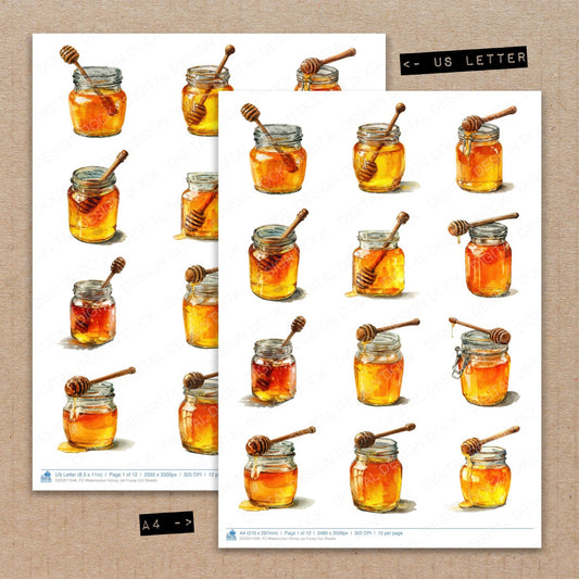 A4 and US Letter format comparison showing Watercolour Honey Jar fussy cut pages for print and cut crafting