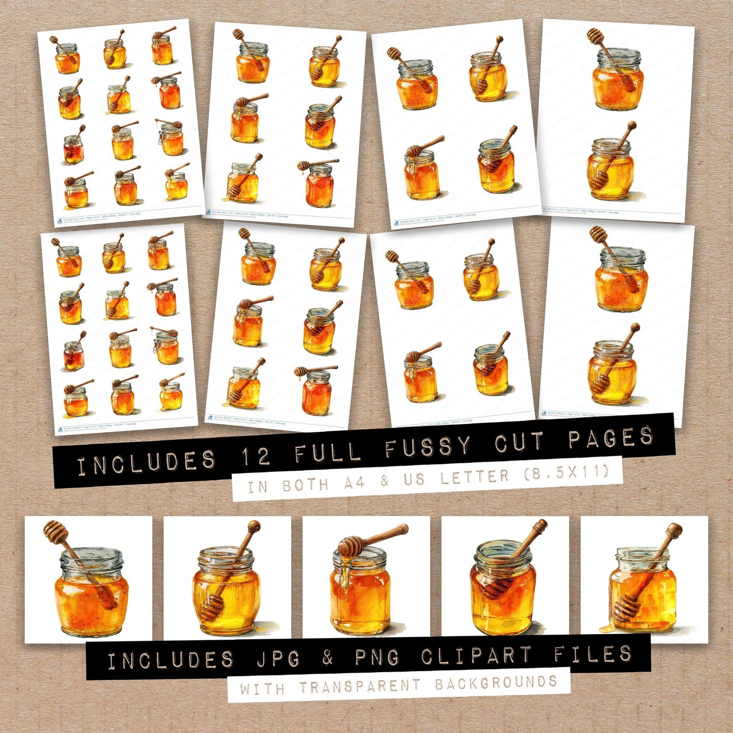 Full collection view of Watercolour Honey Jar fussy cut sheets with bonus clipart JPG and PNG files