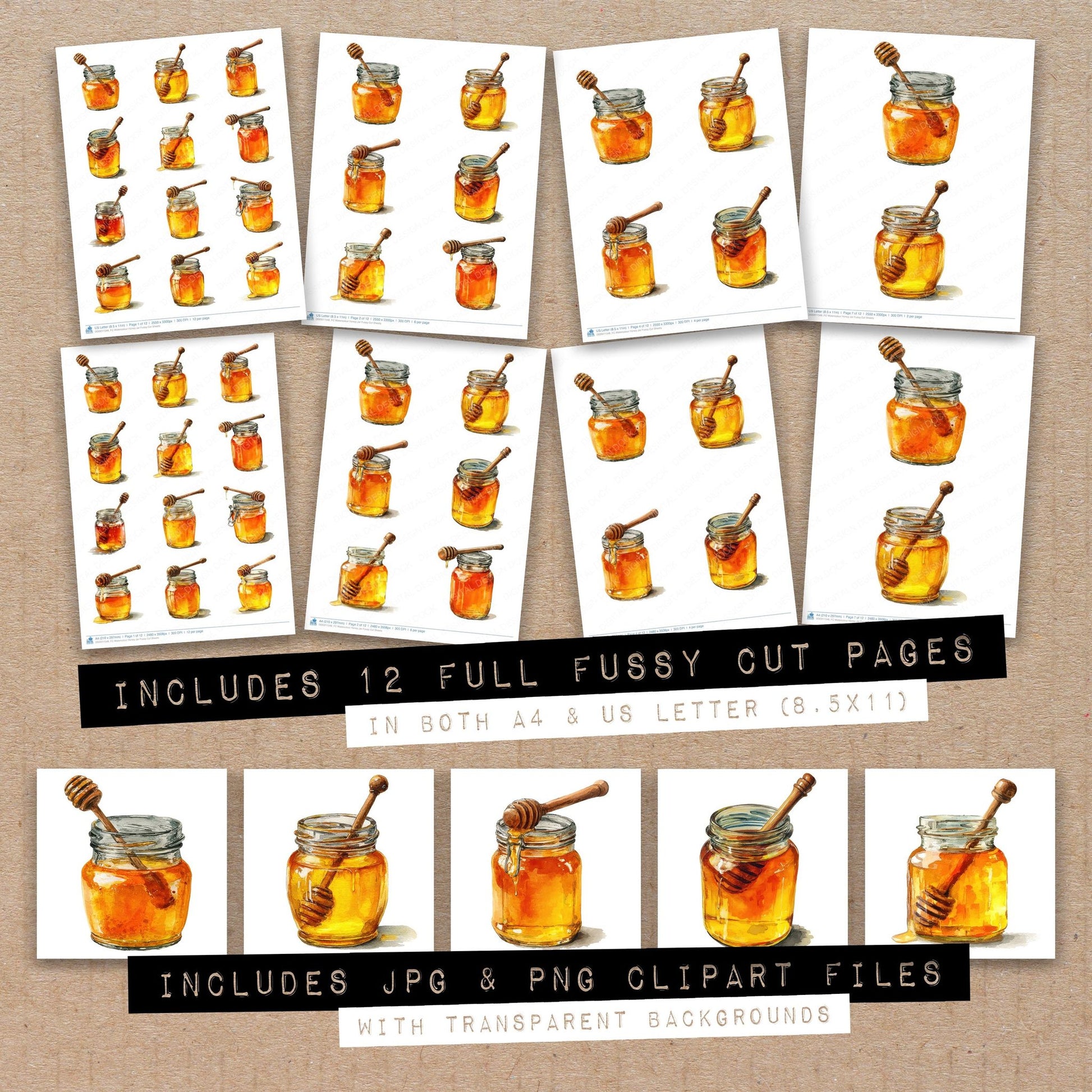 Full collection view of Watercolour Honey Jar fussy cut sheets with bonus clipart JPG and PNG files