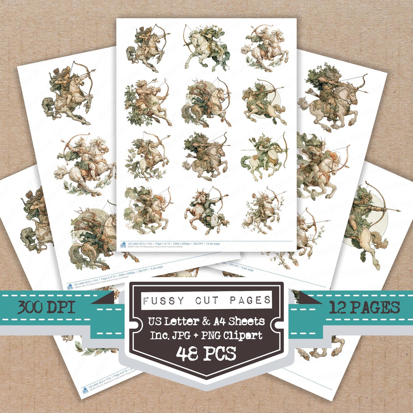 Watercolour Horse Archer fussy cut printable sheets for junk journaling, scrapbooking, and paper craft projects