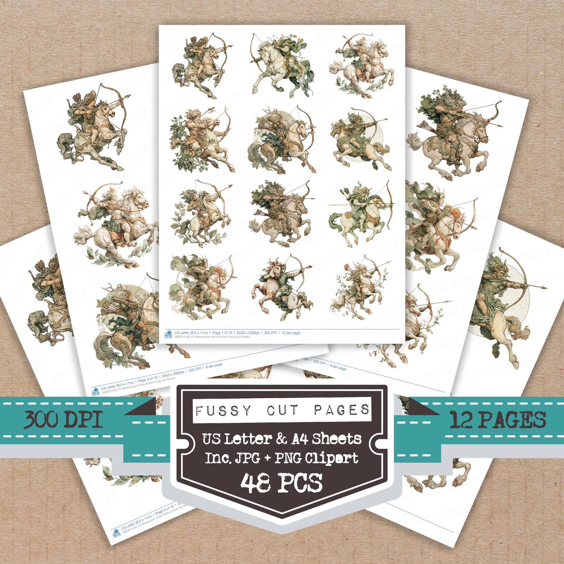 Watercolour Horse Archer fussy cut printable sheets for junk journaling, scrapbooking, and paper craft projects