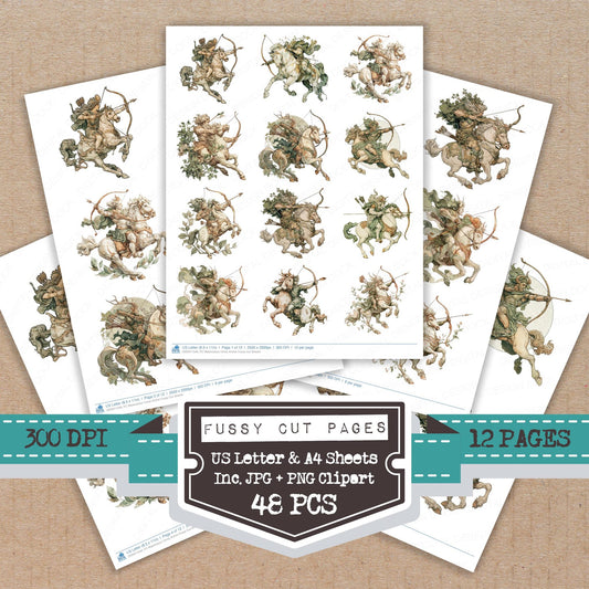 Watercolour Horse Archer fussy cut printable sheets for junk journaling, scrapbooking, and paper craft projects