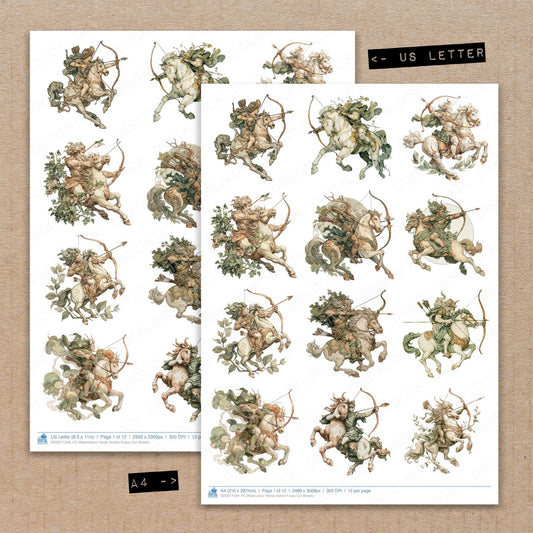 A4 and US Letter format comparison showing Watercolour Horse Archer fussy cut pages for print and cut crafting